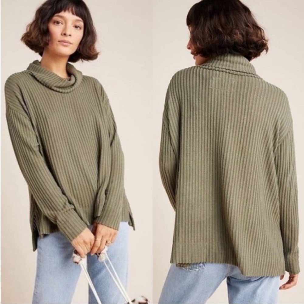 Anthropologie | Maeve ‘Vanna’ Cowl Neck Ribbed Pullover Olive Green M